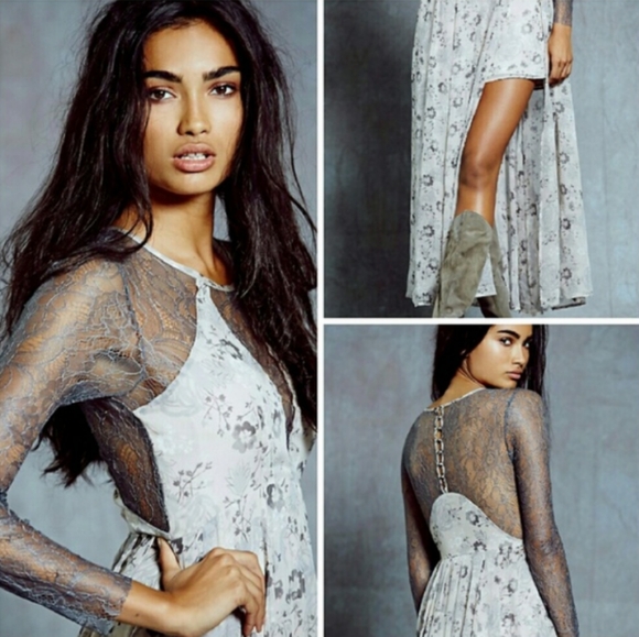 🦄RARE Free People Floral Lace Cream Grey Watercolor Maxi Dress Size 12 - Picture 2 of 15